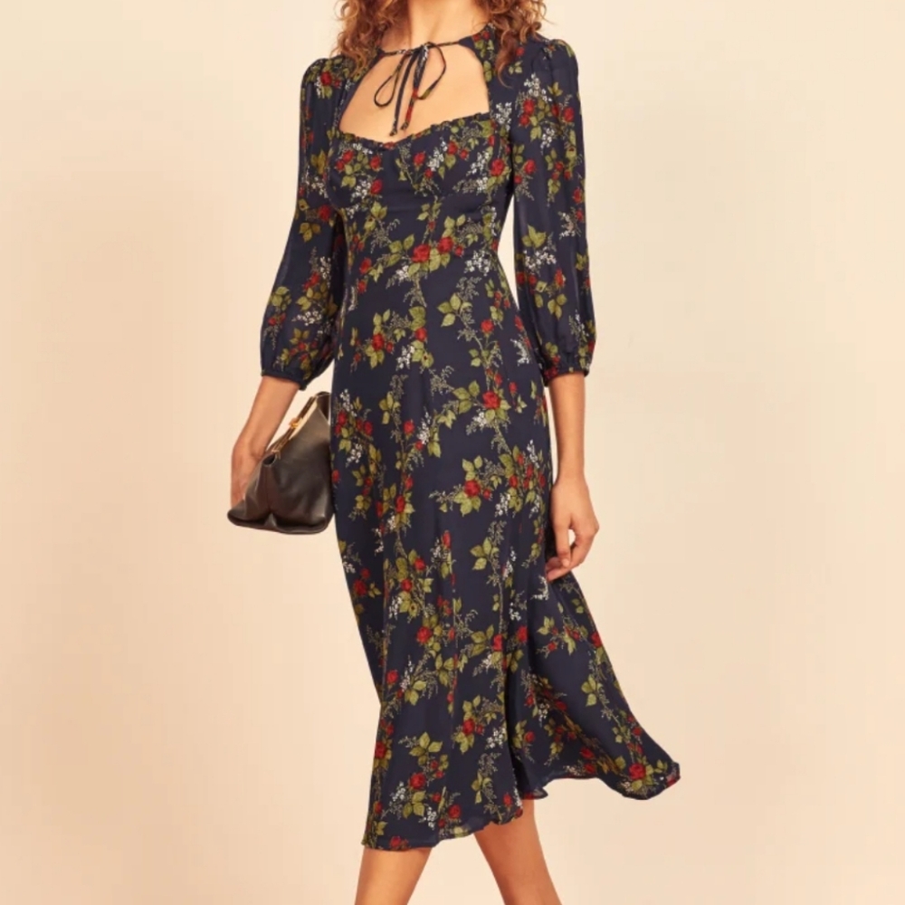 Reformation Poulter Dress Bourdeaux Navy Red Roses Size 14